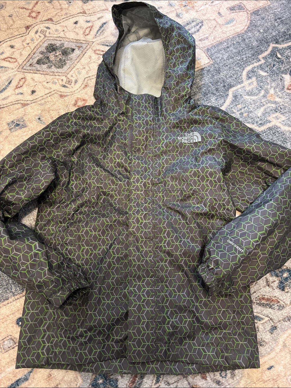 The North Face Kids Hooded Rain Jacket - Green Geometric, size 7/8 perfect!
